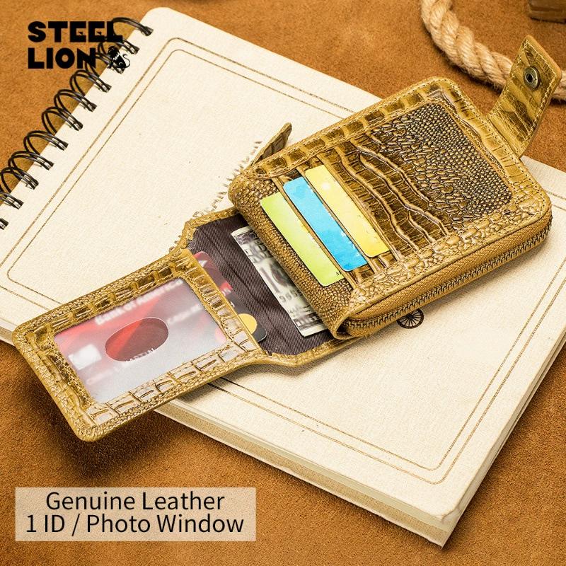 LAOSHIZI Men's Genuine Leather Crocodile-Embossed Wallet RFID Blocking Multi-Card Slots & Photo Holder Horizontal Bifold Design