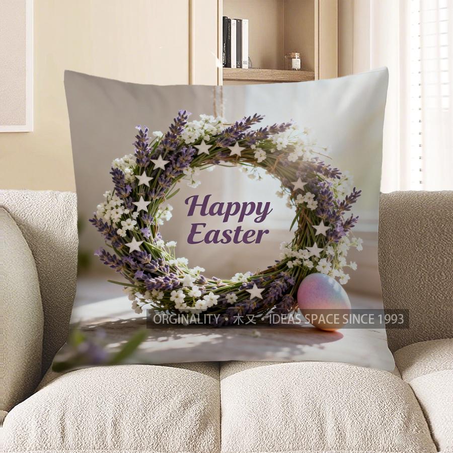 

2D Happy Easter Wreath With Eggs Pillow Cover Pattern Cushion Cover Suitable For Sofa Bedroom Car Pillow Cover 40x40cm