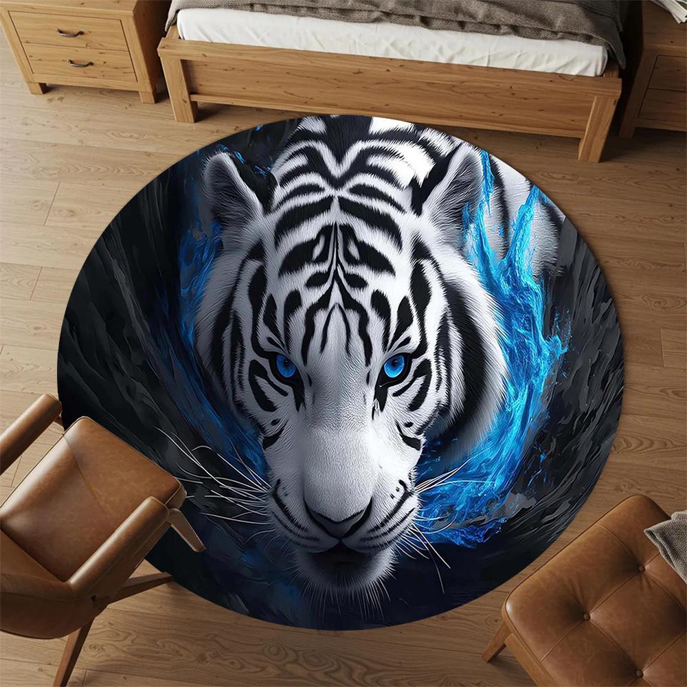 1PC White Tiger Blue Eyes Round Chair mat Area Rug - Non-Slip, Floor Mat for Office, Bedroom, home decor Christmas Gift c0528138