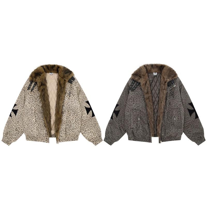 Magic Bear American Retro Leopard Print Padded Winter Cotton Jacket Couple Loose Fit Warm Coat