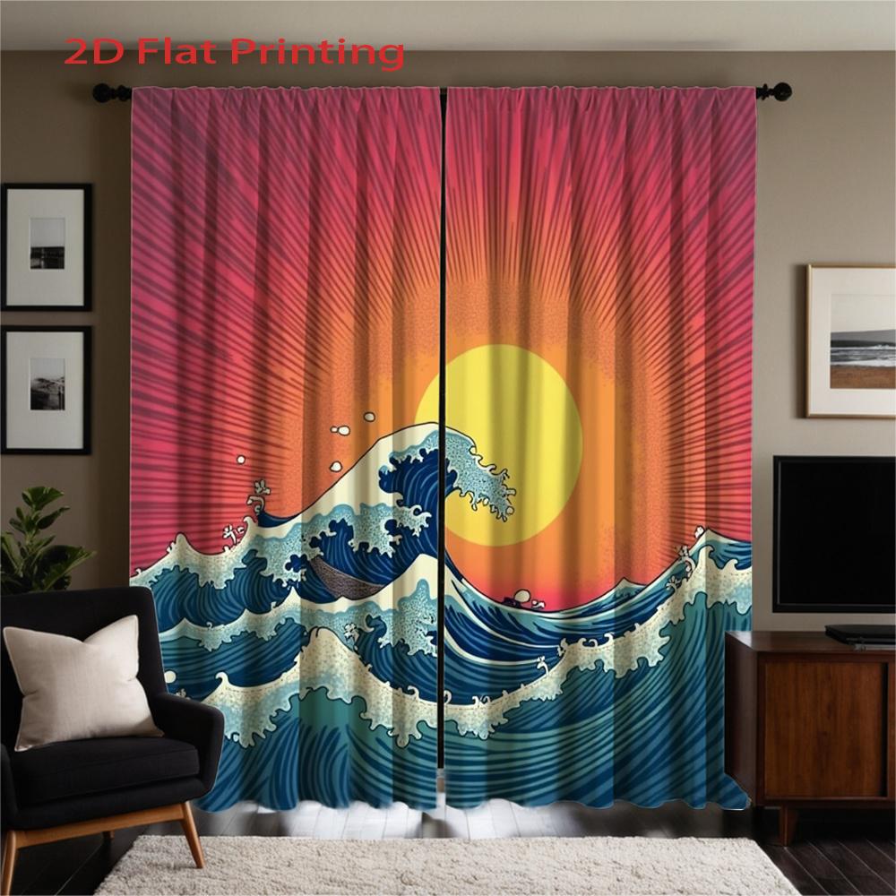 Flat Panels Semi Ocean Wave Curtain Sunrise Pattern Window Drapes Filtering Suitable With Sheer Polyester