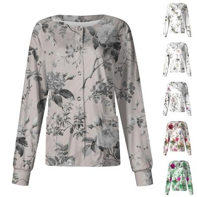 Women's Casual Long-sleeved Single-breasted Floral Printed Protective Clothing Cardigan Top