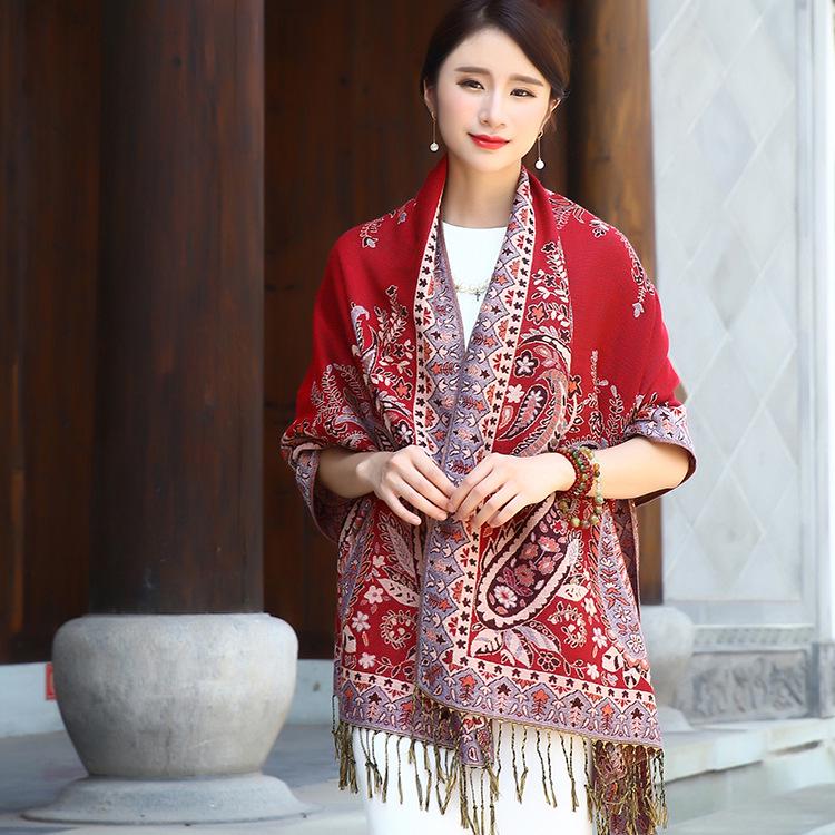 2024 Ethnic-Inspired Retro Jacquard Silk Scarf for Women - Warm Autumn & Winter Shawl