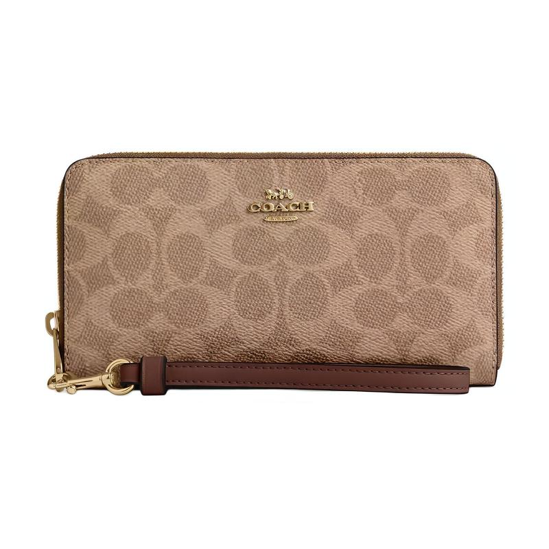 

COACH 19 Metal Logo Zip Closure Coated Canvas Wallet Regular Women s Tan with Brown Tan and brown золотий