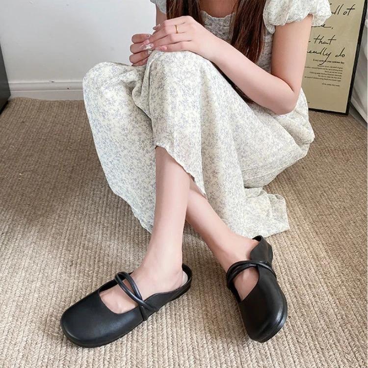 Women s Slip-On Mules Open-Toe Cross Strap Casual Outdoor Wear  Leather Flat Heel 36 чёрный