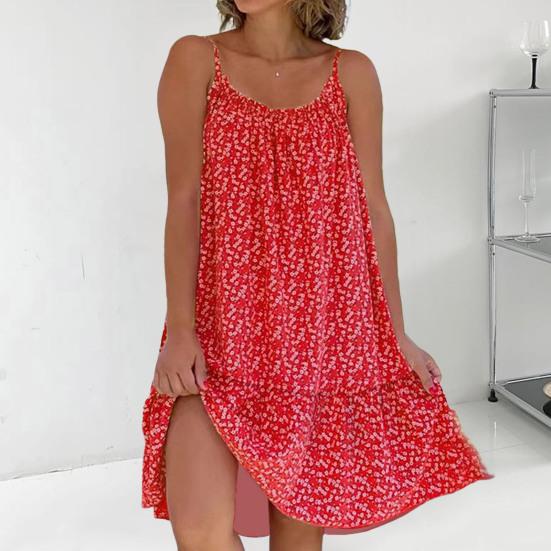 U Yaka Kolsuz Mini Elbise Pileli Fırfır Etek Gevşek Fit Backless İnce Çiçek Baskı Sling Bayan Plaj Elbisesi Günlük Giysi