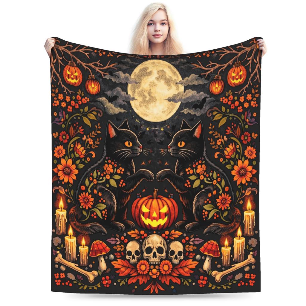 Halloween Black Cats Blankets Witchy Kitty Fleece Awesome Warm Throw Blankets for Bedspread Spring/Autumn
