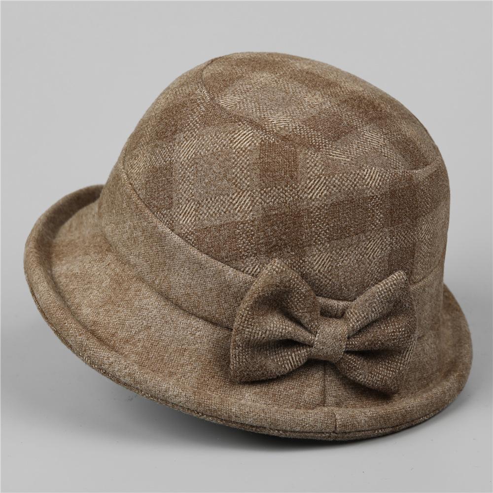 Middle-Aged Old Man Season Elegant Bow Mom Hat Female Thickened Woolen Basin Hat Grandma Plaid Bucket Hat