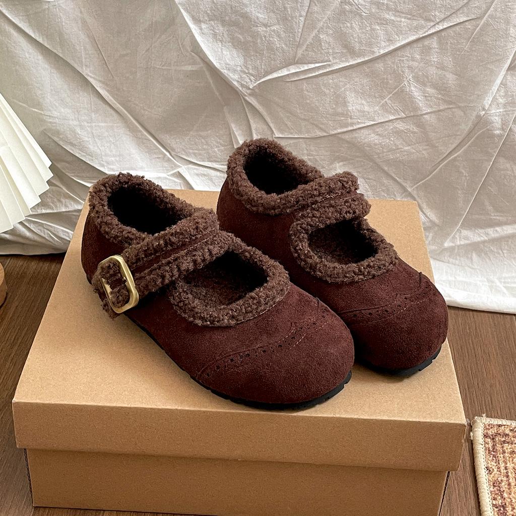 Autumn Winter Vintage Women Fur Lining Mary Jane Shoes Concise Soft Sole Flats Shoes Ladies Comfort Warm Short Plush Snow Shoes