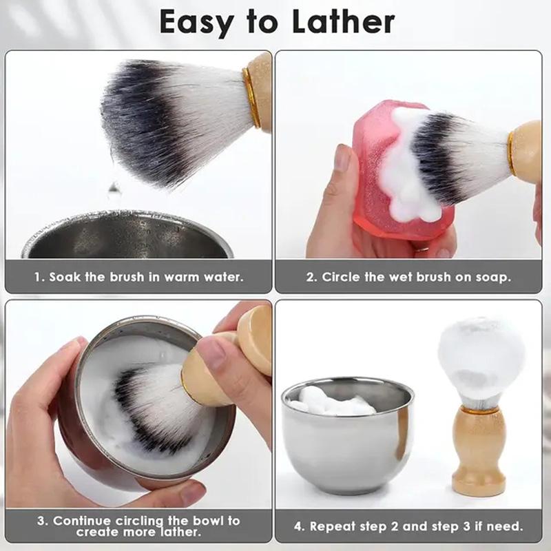 3pcs Men Shaving Brush Kit Wooden Handle Shaving Brush Stainless Steel Soap Bowl with Metal Stand Professional Face Beard Cleaning Grooming Tool Set
