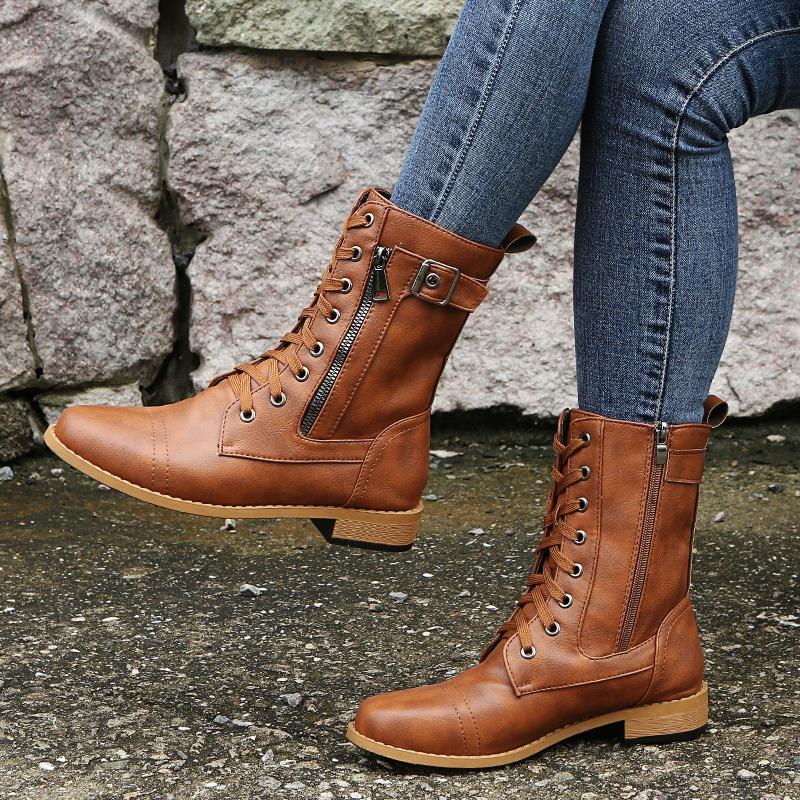 New European and American large size round head thick heel strap side zipper solid color low tube women's Martin boots in stock