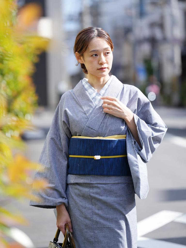 [ROCCA] Half-width Obi (Kurume Weave) Reversible, Made In Japan, Cute and Stylish, 100% Cotton, for Kimono, Yukata, Easy Care (Checkered Dark Navy X