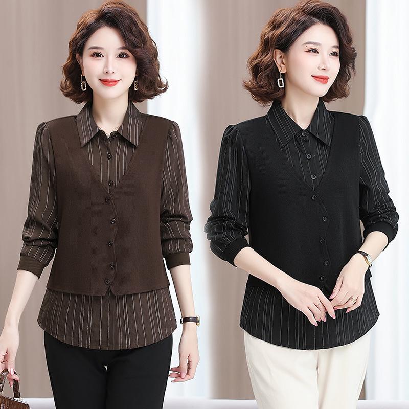 Women's Color-Block Knit Cardigan Jacket with Shirt Collar - Trendy Fake Two-Piece Design for Autumn 2026