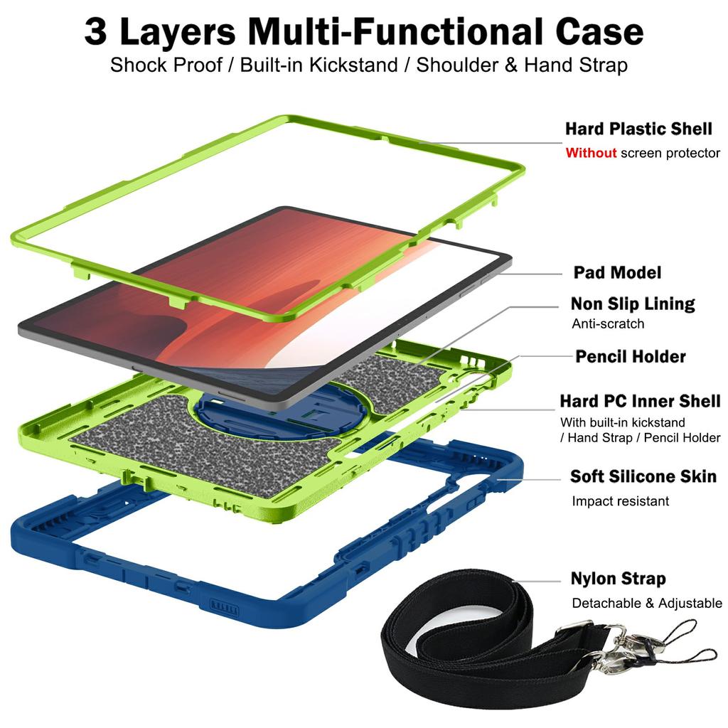 For Samsung Galaxy Tab S10 FE+ Tablet Case Silicone+PC Shockproof Cover with Kickstand Shoulder Strap