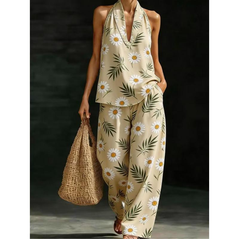 1116 Summer Cool Neck Suit Women's Temperament V-Neck Off-Shoulder Top + High Waist Wide Leg Pants Two-piece Set