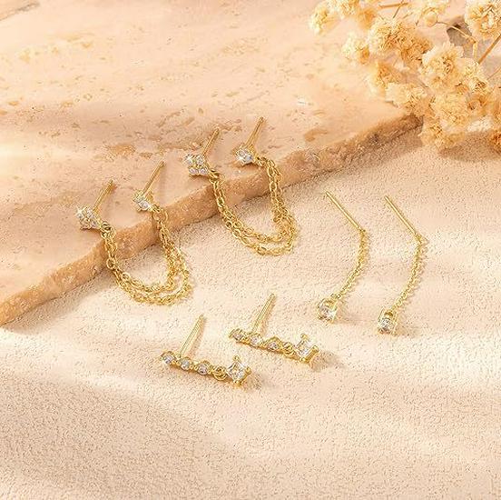 18 Karat Gold Plated Quadratischer Ohr-Cuff und Kette Zirkon Steckerohrringe Set - Drei Teile