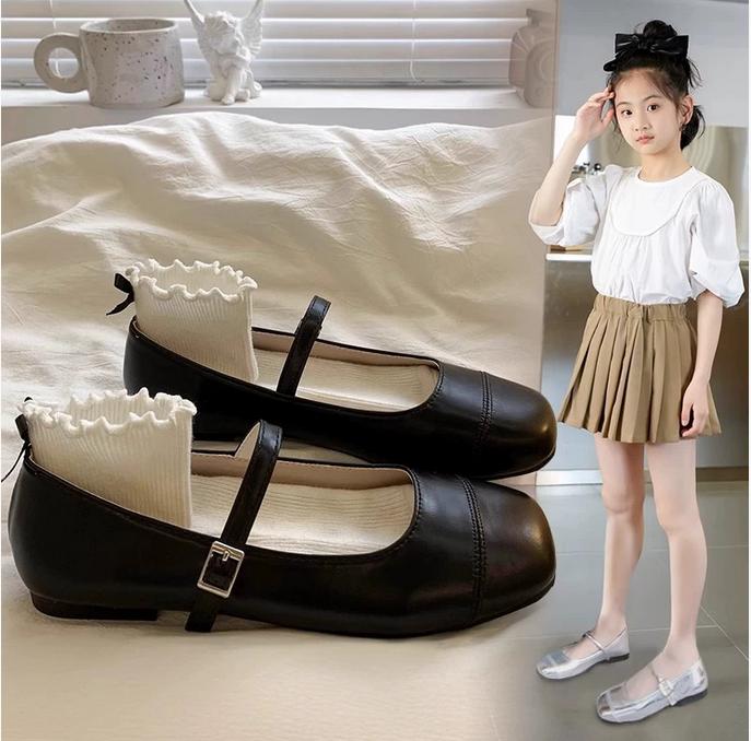 Girls Flat Shoes Soft Color Silver Black Narrow Kids Mary Janes Square End Comfortable Kids School Party Wedding Shoes 26-37 New