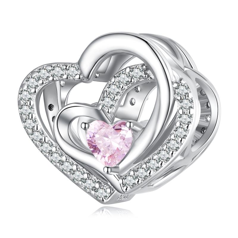 WOSTU Real 925 Silver Pink Heart Charms Clips Spacer Bead Opal Pendant Fit Bracelet Jewelry Make DIY Valentine Gift For Lover