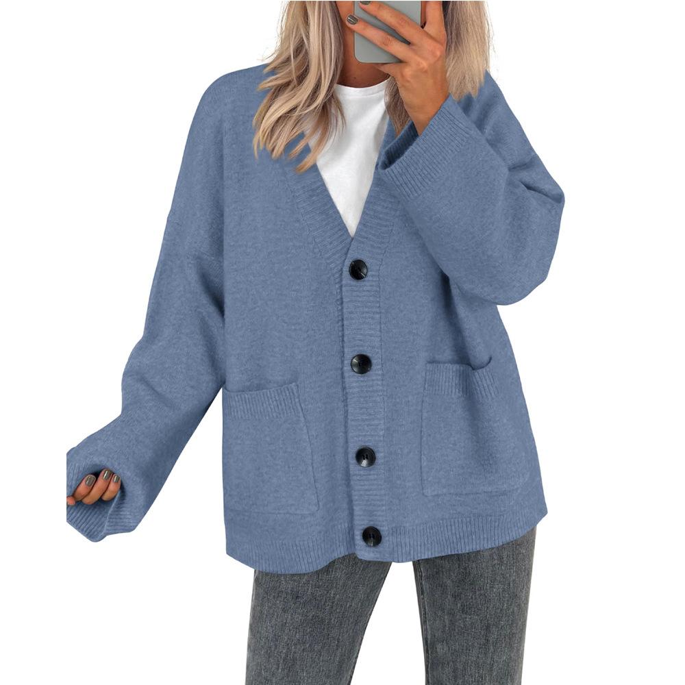 Women Solid Color V Neck Button Up Loose Long Sleeve Knit Cardigan Sweater Coat