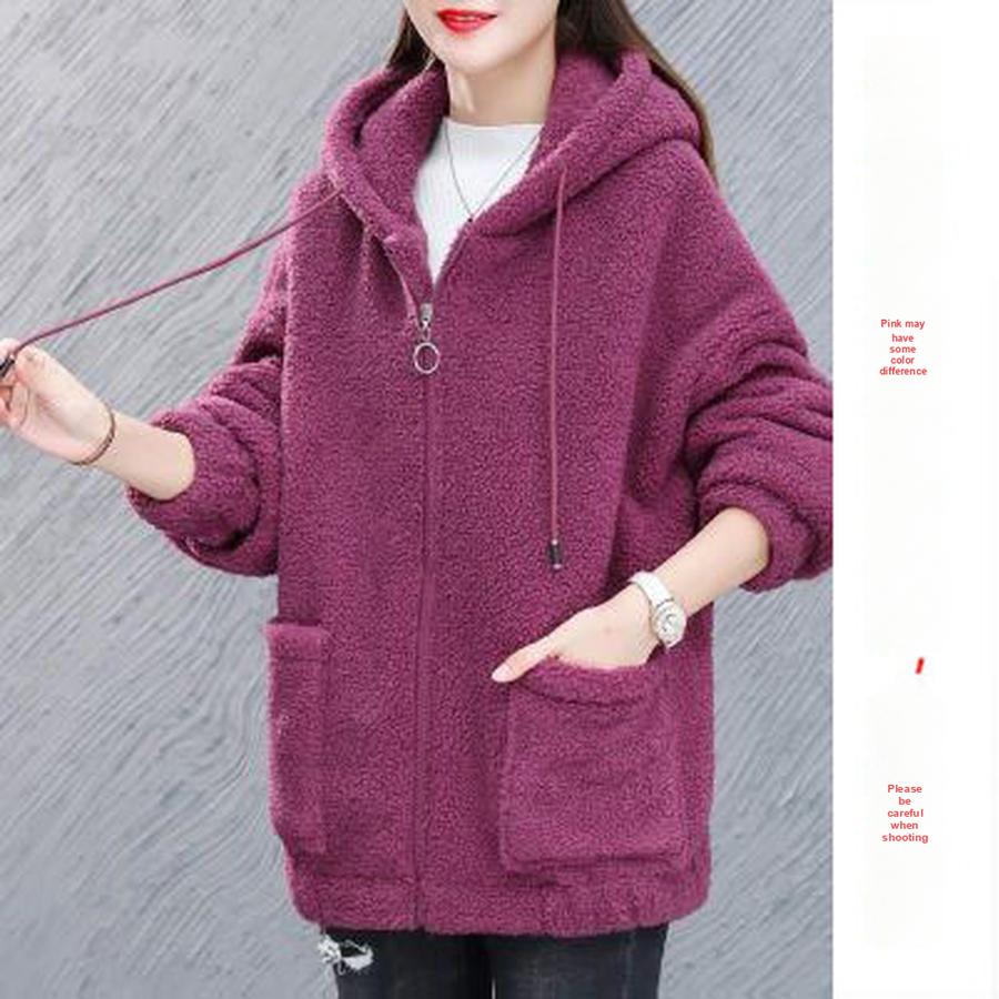 Solid Color Lamb Wool Fleece Hoodie Women's Thick Winter Loose Korean Style Teddy Fleece Zip-Up Casual Coat