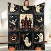 1pc Vintage Halloween Woodcut Flannel Blanket, Soft 2D Flat Throw with Spooky Jack-O-Lanterns And Ghosts In Black & Cream, All-Season Warm Decor for S
