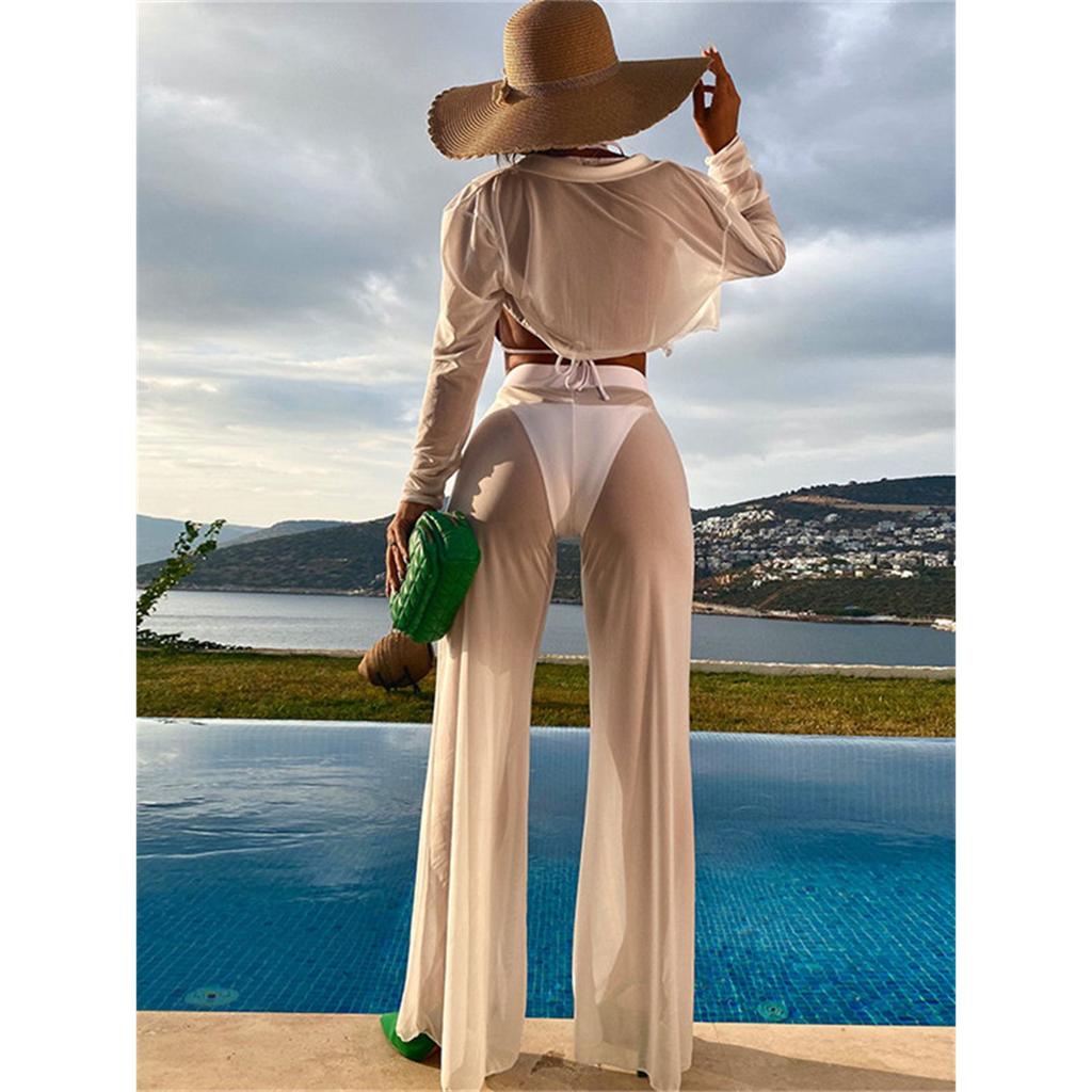 4 Piece Bikini Set Women Solid White Long Sleeve Cover Up with High Waist Pants Swimsuit Beach Bathing Suit Mesh Thong Swimwear