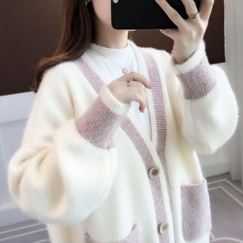 

Свитер женский весенне-осенний вязаный кардиган из искусственного норкового бархата, пальто для студенток, свободный свитер в корейском стиле 3XL розовый