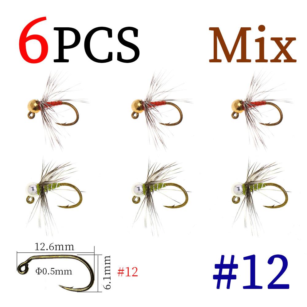 6PCS Tungsten Beadhead Midge Jig Nymph Fast Sinking Fly Fishing Lure for Trout Grayling Euro Nymphing