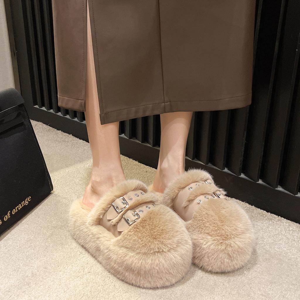 Thick-bottomed Bag Head Fluffy Slippers Women's Winter New Outer Wear Double-breasted Small Cotton Slippers