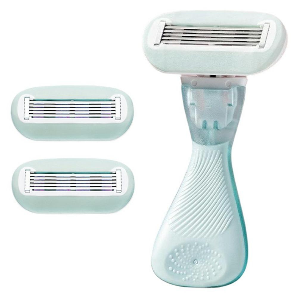 Manual Hair Removal Razor for Women Portable Shaver Bikini Area Body Trimmer, 1 Handle + 2 Heads B