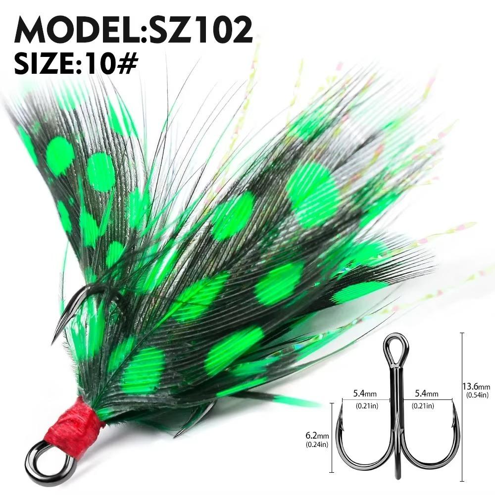 Größe 6#-10# Scharfe Drillinge mit Widerhaken Kohlenstoffstahlmaterial Feder-Jig Angelhaken Stärkedesign Federdekoration