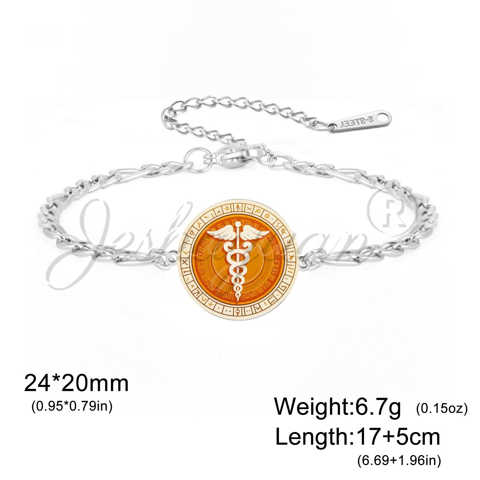 Jeshayuan Medical Caduceus Pendant with Figaro Chain Bracelet Ancient Greece Hermes Scepter Caduceus Bracelet Doctor Gift 17cm