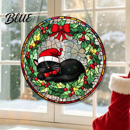 Christmas Theme Hanging Signs 2D Acrylic Suncatcher Stained Glass Style Black Cat Window Hanging Decorative Wall Plaques Colorful Plaque with Chain