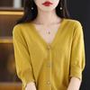 V-neck Short-sleeved Cardigan for Women In Summer New Loose Thin Cotton Mid-sleeved Knitted Top Half-sleeved T-shirt
