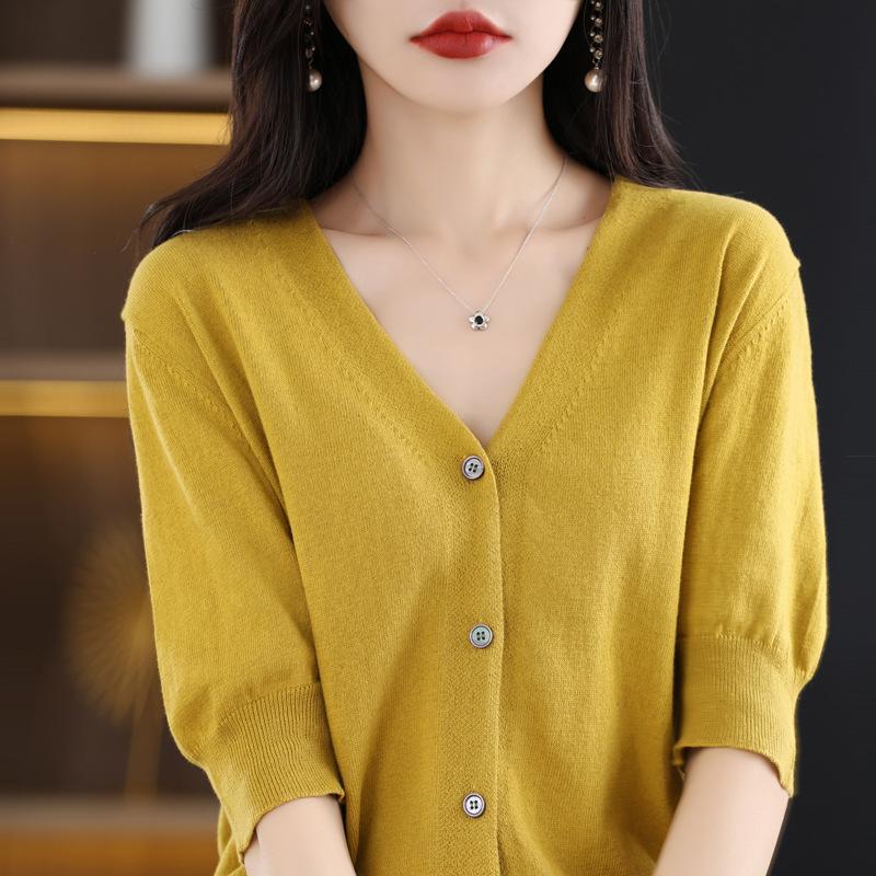 V-neck Short-sleeved Cardigan for Women In Summer New Loose Thin Cotton Mid-sleeved Knitted Top Half-sleeved T-shirt