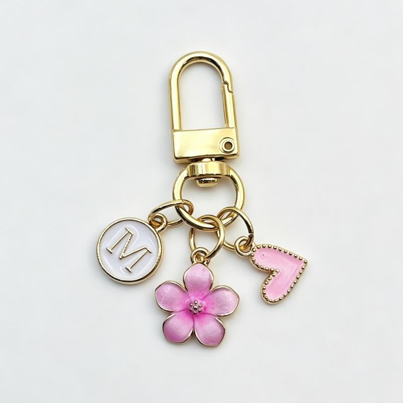 A-Z Letter Charm Enamel Keychain Pink Cherry Blossom Heart Design Key Ring for Graduation Souvenir Gift