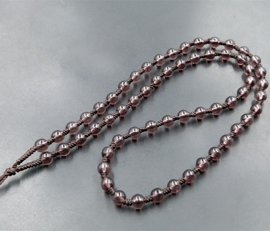 Hand-Woven Amethyst Round Bead Necklace with Purple Cord Hanging Rope