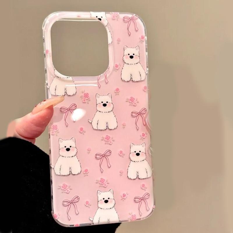 

Cute Pink Rose Blossoms Bow Cartoon Dog Phone Case for iPhone 17 16e 16 15 14 13 12 11 Pro Max X Xs Air Plus Feather Texture iPhone 17