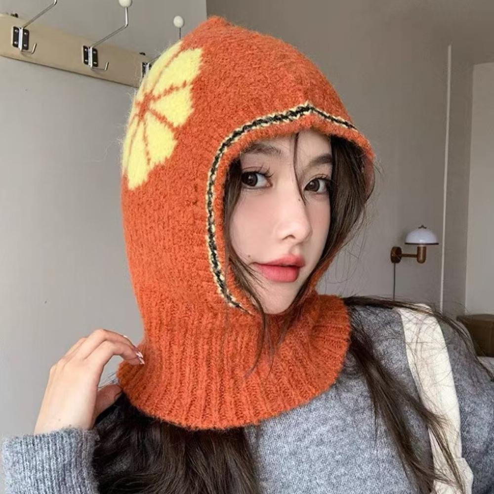 Neck Guard Flower Balaclava Hat Wool Knitted Pullover Hat Casual Ear Protection Hat  Winter/Autumn