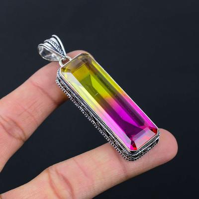 Colgante de Gema Turmalina Bicolor Colgante de Plata de Ley 925 Sólida Joyería Regalo Para Unisex LG-053