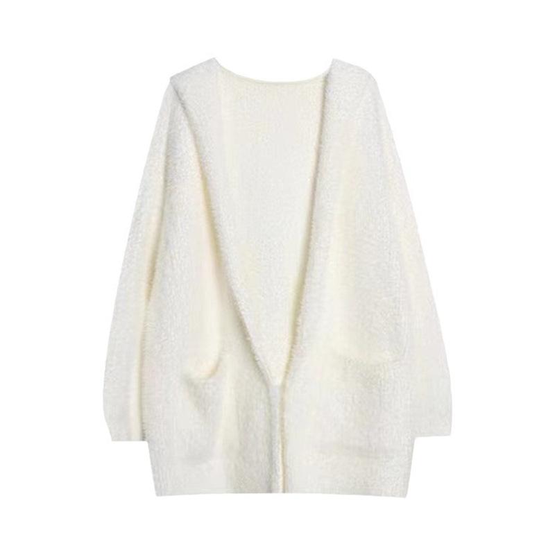 Women's Mink Fleece Hooded Cardigan Autumn Winter Thickened Warm Plush Knit Cardigan Jacket