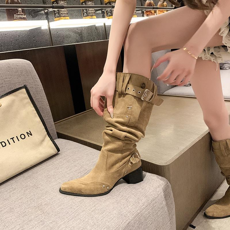 

Retro Spice Girl Pleated Pile Boots 2025 Spring and Summer New Belt Buckle Long Boots Niche Design Tall Fashion Boots 35