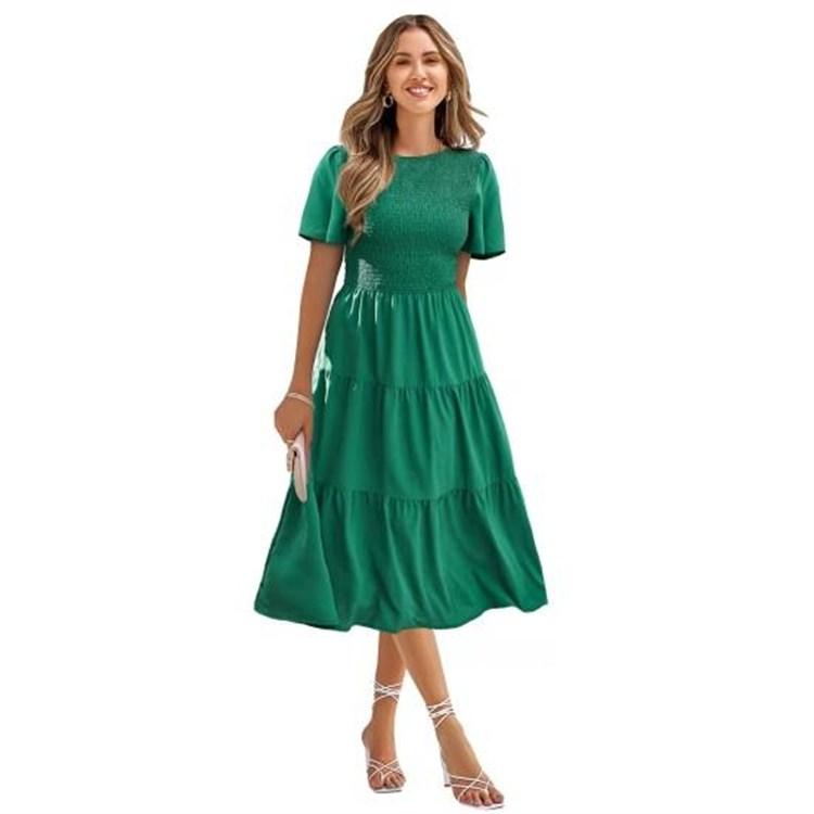Casual Women s Summer Smocked Pleated Crew Neck Short Sleeve Midi Dress