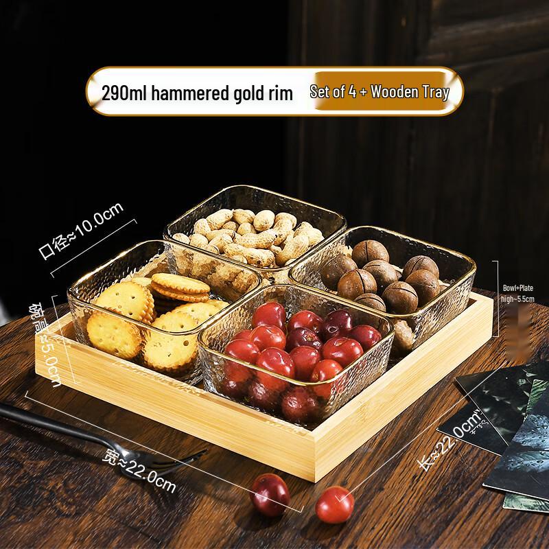 Chinese Style Gold-Rimmed Square Glass Snack Serving Set