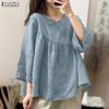 ZANZEA Women Casual Round Neck Solid Color 3/4 Sleeve Loose Blouse