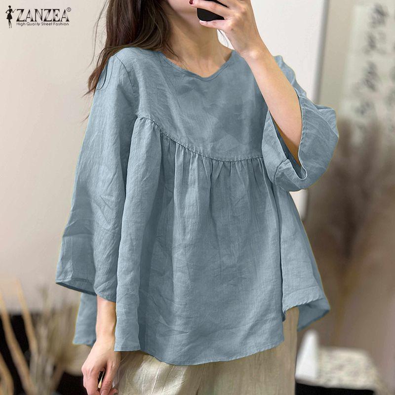 ZANZEA Women Casual Round Neck Solid Color 3/4 Sleeve Loose Blouse