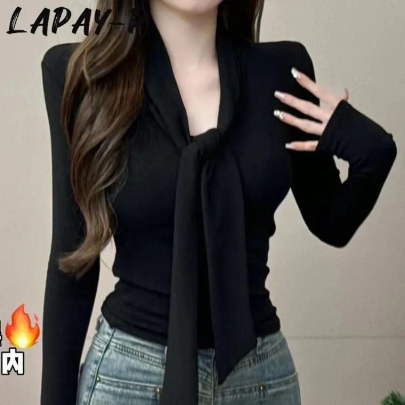 

Pure Lust Style Sexy Strappy V-neck Long-sleeved T-shirt for Women in Autumn and Winter New Fashion Slimming Inner Layering Top S чёрный