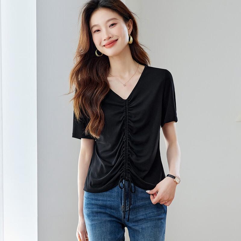 Srcr Women's Pleated Drawstring Mulberry Silk T-Shirt