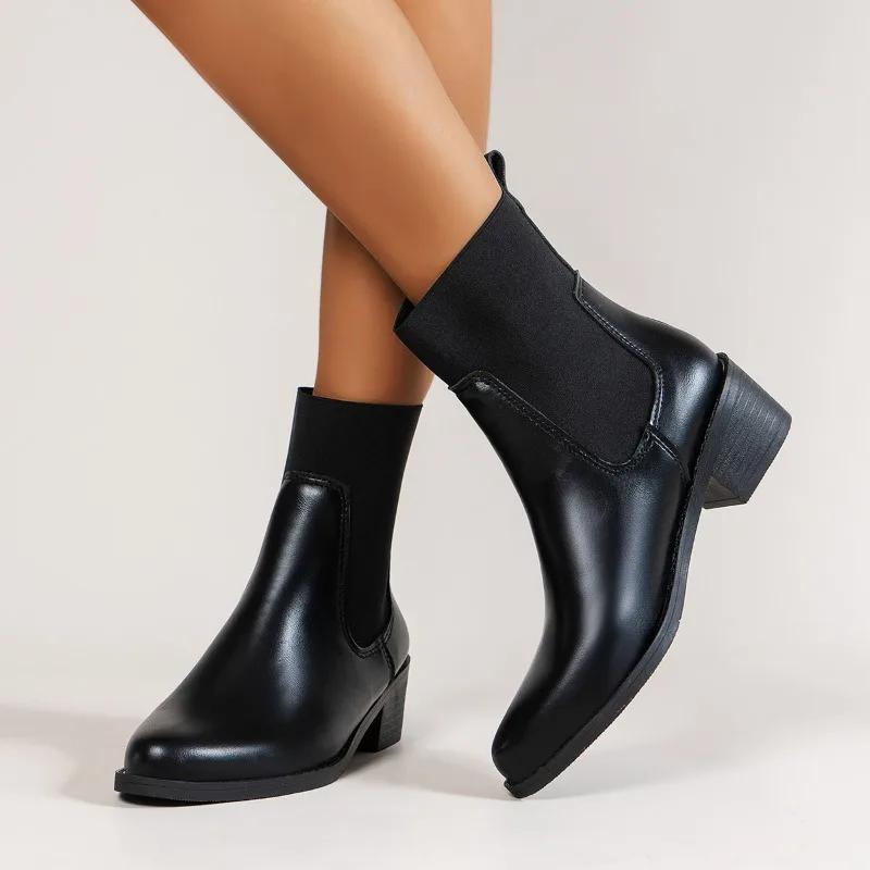 2024 New Fashion Solid Color Women's Boots Square Heel Pointed Toe Outer Wear Comfortable Short Boots Professional Women's Boots