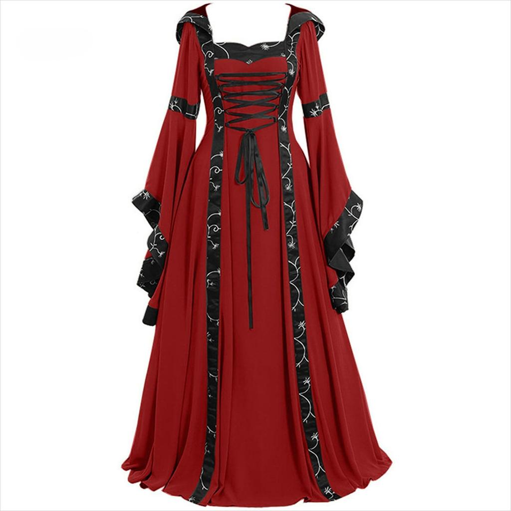Mittelalterliches Retro-Kapuzenkleid, Eckiger Ausschnitt, Schnürung, Glockenärmel, Weiter Rock